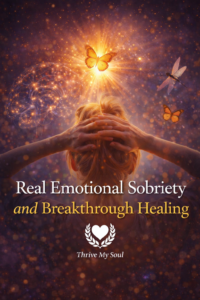 Artistic image representing emotional sobriety and breakthrough healing, featuring a woman with radiant light, butterflies, and energy patterns symbolizing inner transformation and subconscious healing