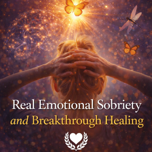 Artistic image representing emotional sobriety and breakthrough healing, featuring a woman with radiant light, butterflies, and energy patterns symbolizing inner transformation and subconscious healing