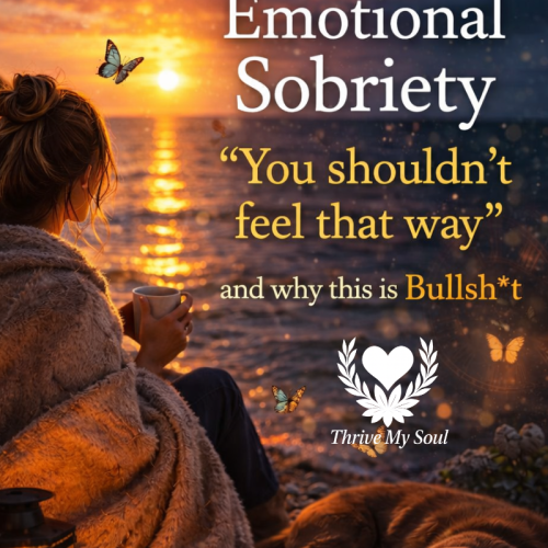 Woman wrapped in a blanket drinking coffee by the ocean at sunset with a dog and journal, overlaid text reads “Emotional Sobriety: You shouldn’t feel that way and why this is bullshit.”